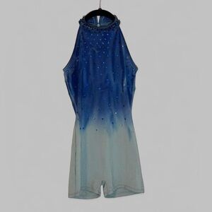 Blue Gray Ombré bodysuit unitard Rhinestoned  XS